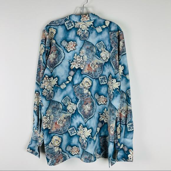 Vintage blue cream brown floral rose button front boho 80s 90s shirt top large - Picture 7 of 9